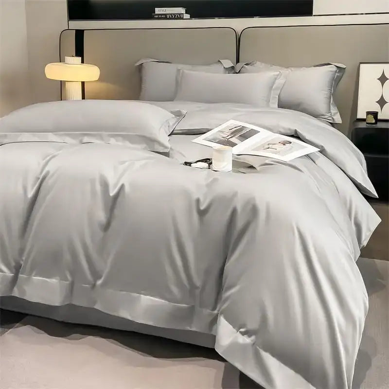 Decorbites luxurious silver-gray satin duvet cover and fitted sheet set with 1000tc egyptian cotton and elegant stitching