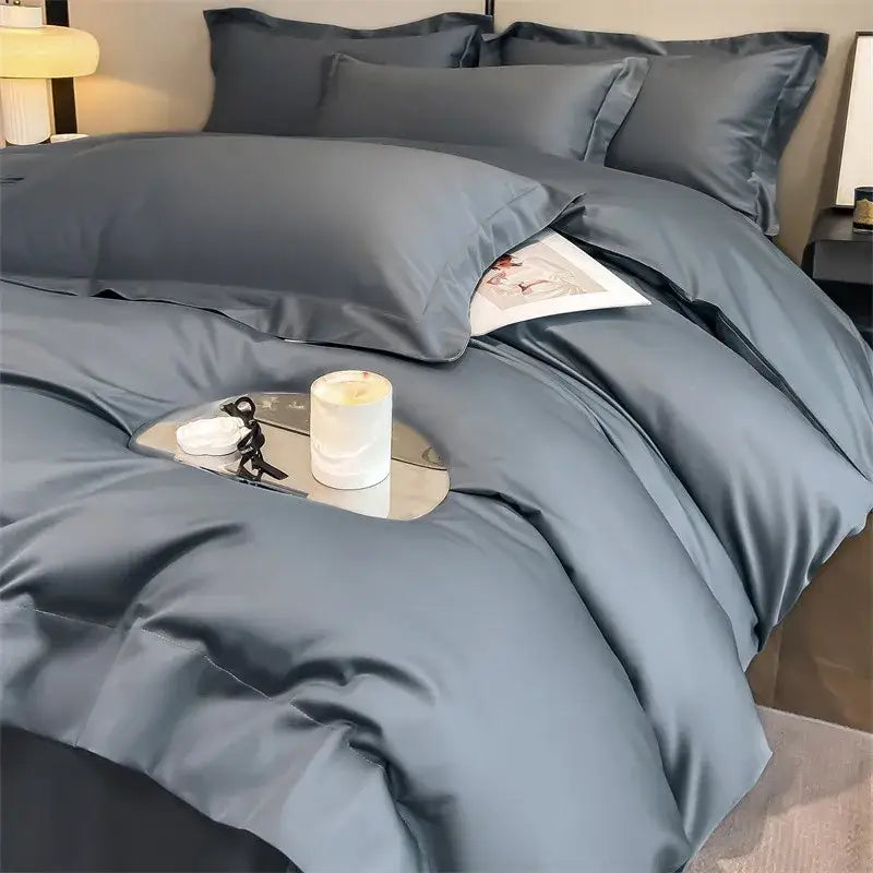 DecorBites™ luxurious slate blue satin duvet cover set with elegant stitching made from 1000TC Egyptian cotton