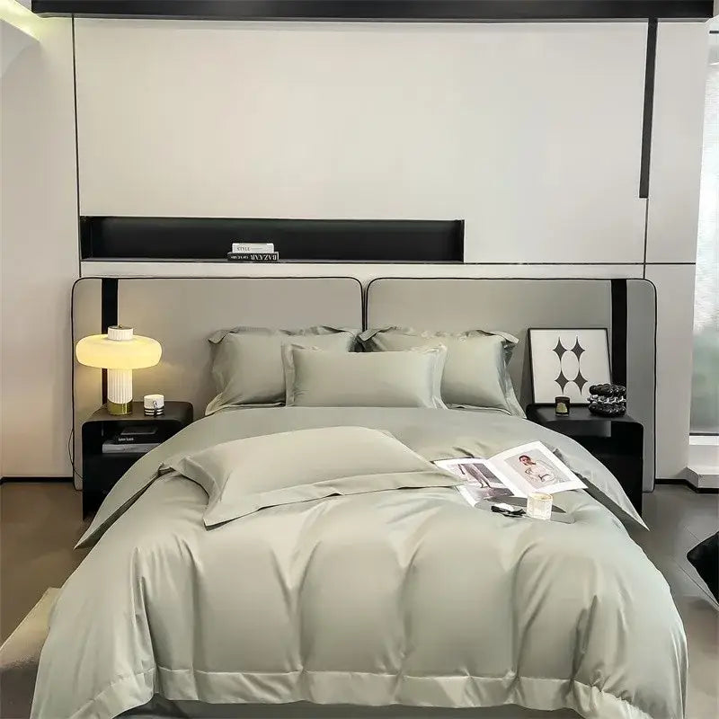DecorBites™ luxurious 1000TC Egyptian cotton sage green satin duvet cover set with smooth glossy finish and fitted sheet