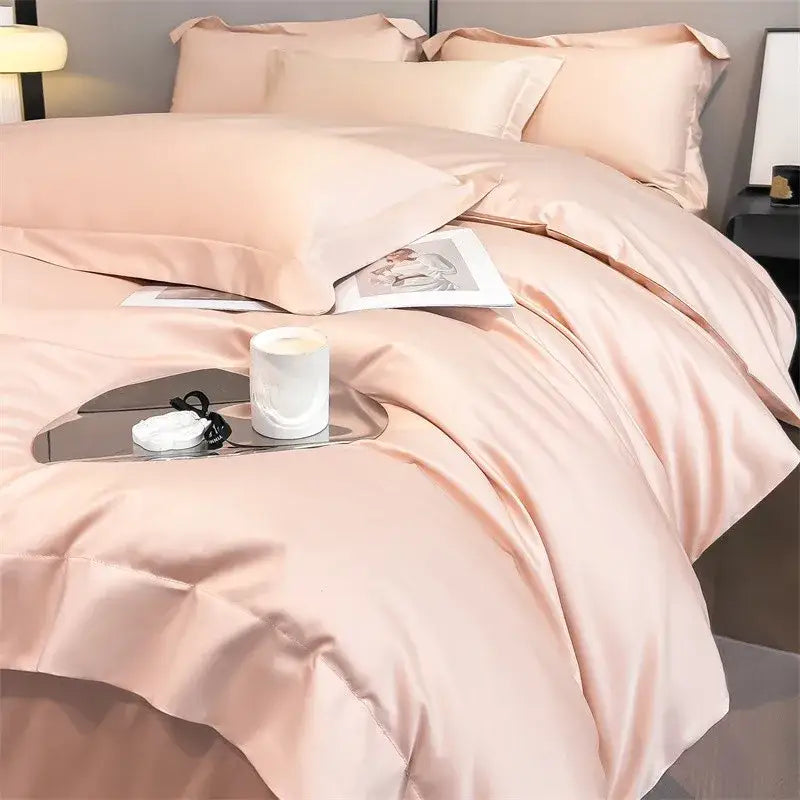 Decorbites™ luxurious 1000tc egyptian cotton duvet cover set in soft blush pink satin with fitted sheet and pillowcases