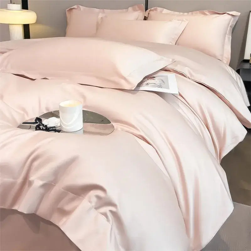 Decorbites™ luxurious 1000tc egyptian cotton duvet cover set in soft blush pink satin with fitted sheet and matching pillows