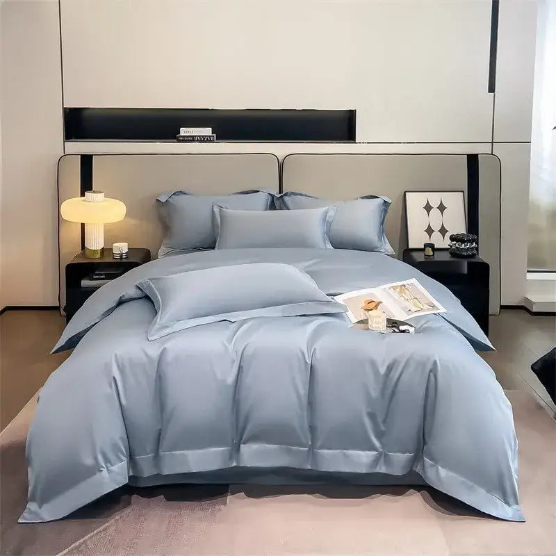 DecorBites™ luxurious 1000TC Egyptian cotton duvet cover set in soft light blue satin with matching fitted sheet and pillows