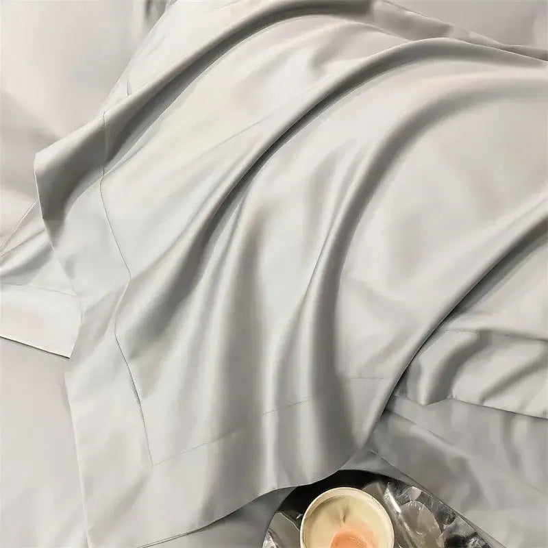 Decorbites™ luxurious 1000tc egyptian cotton fitted sheet in soft light gray satin with a smooth glossy finish