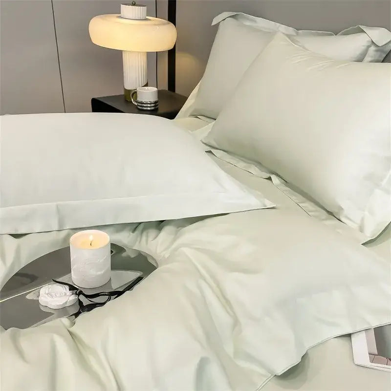 Decorbites™ luxurious 1000tc egyptian cotton bedding set with pale green satin duvet cover fitted sheet and pillows