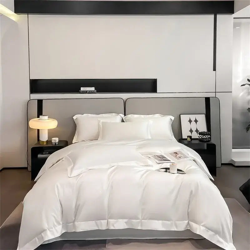 White satin duvet cover and fitted sheet set with a smooth finish from decorbites™ luxurious 1000TC egyptian cotton bedding set