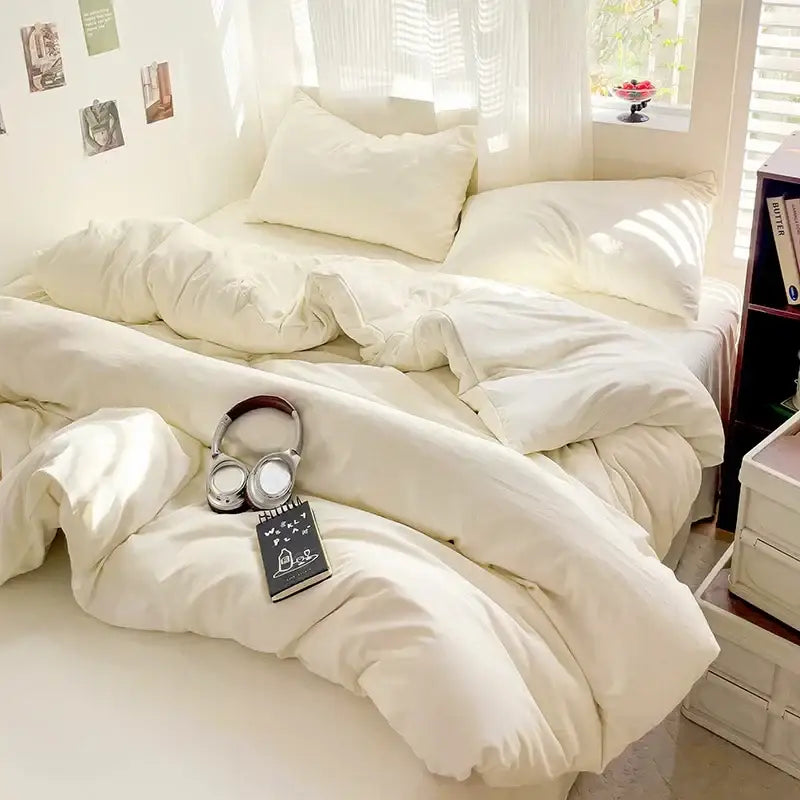 Cream-colored plush quilted duvet bedding set with soft cotton fabric and matching pillows from decorbites cotton bedding set