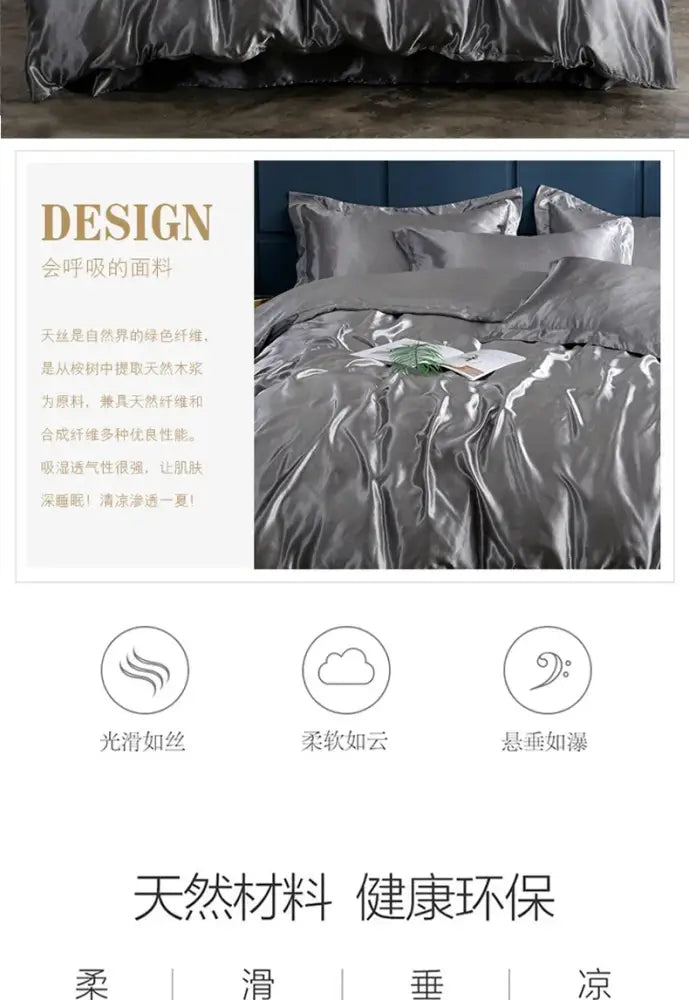 Silky silver satin bed sheet and duvet cover with a glossy smooth finish from DecorBites Luxurious Bedding Collection