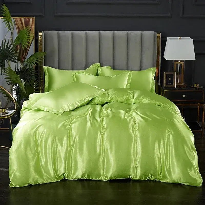 Luminous lime green satin bedding set by DecorBites featuring a glossy smooth duvet cover and matching bed sheets