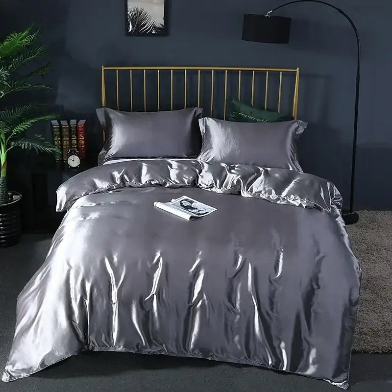 Shiny silver satin duvet cover set with matching pillowcases by DecorBites luxurious bedding set includes bed sheet