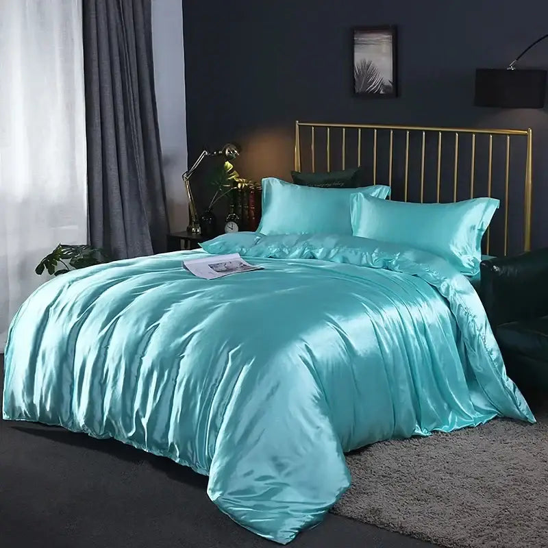 Turquoise satin decorbites luxurious bedding set with duvet cover bed sheet and matching pillows for width bed