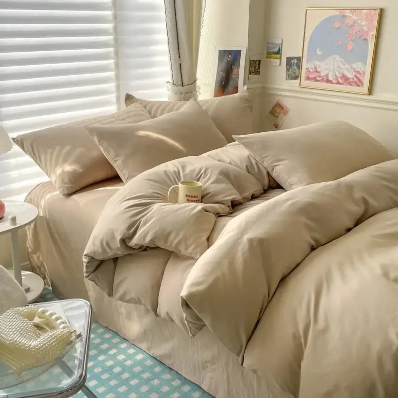Beige quilted cotton bedding set with plush texture and matching pillowcases by DecorBites luxurious collection