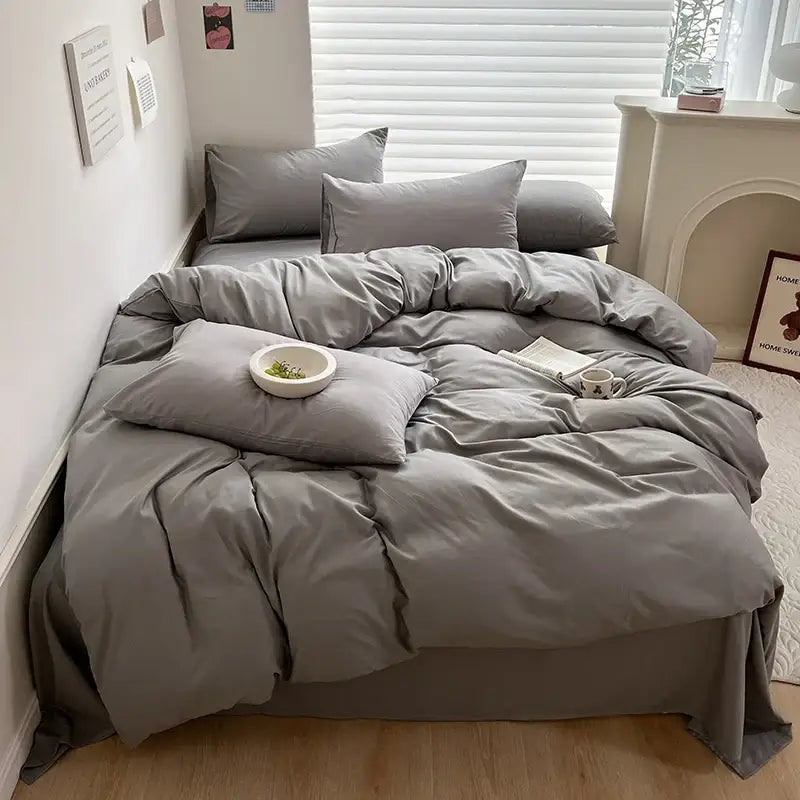 Gray cotton bedding set with matching pillows and soft slightly wrinkled texture from decorbites luxurious cotton bedding set