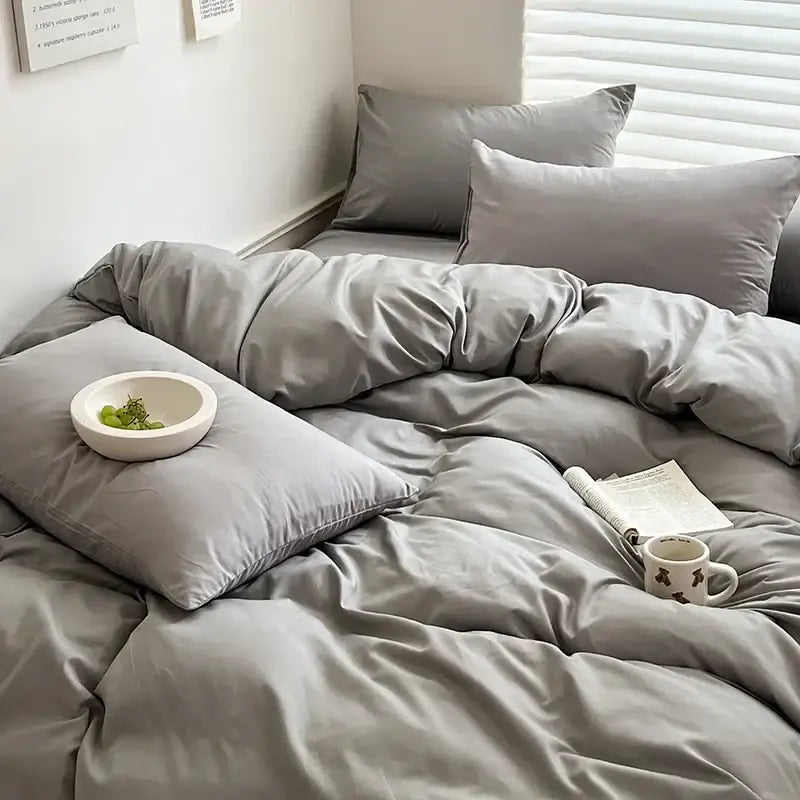 Decorbites™ gray satin-like cotton bedding set with matching pillows and plush duvet in various sizes