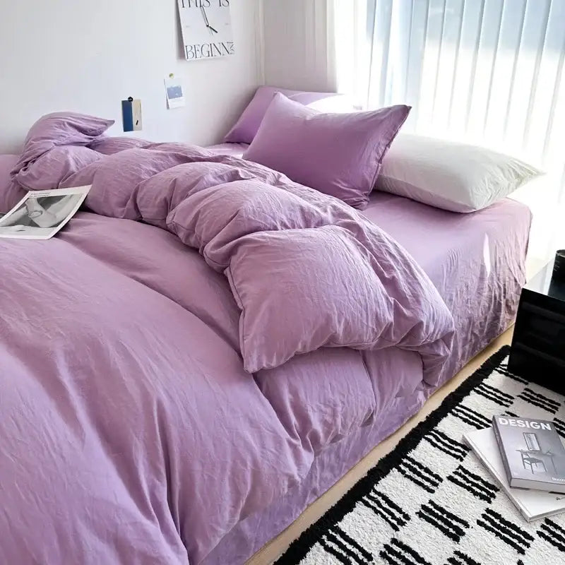 DecorBites™ luxurious purple quilted cotton bedding set with duvet cover and white accent pillow in various sizes