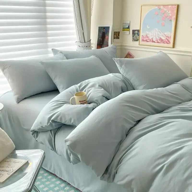 DecorBites™ soft light blue cotton bedding set with satin-like duvet cover and pcs bed sheet in various sizes
