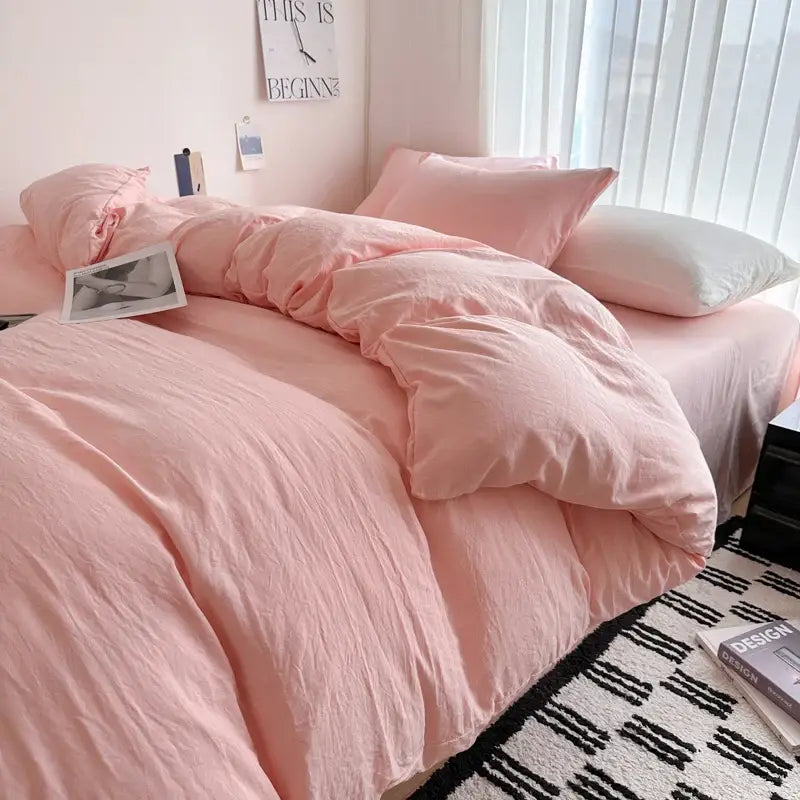 DecorBites™ luxurious soft pink cotton bedding set with duvet cover and matching pillows for cozy comfort