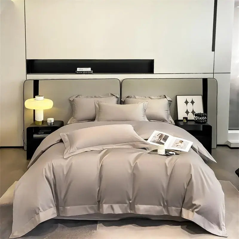 Decorbites™ luxurious egyptian cotton duvet cover set in light gray satin with fitted sheet and piece duvet cover detailing