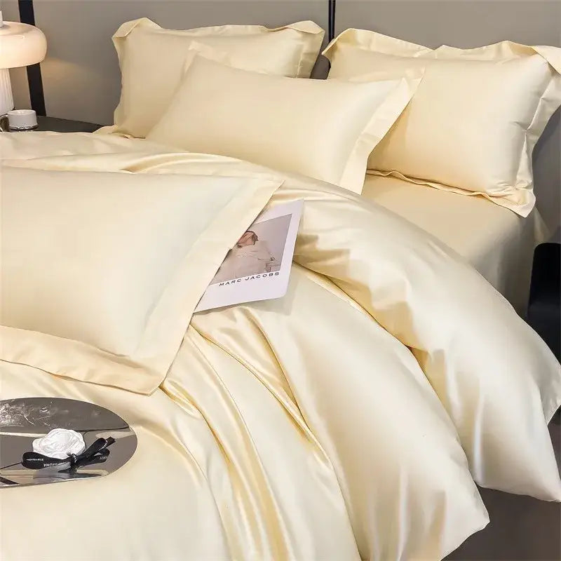 Cream-colored satin decorbites™ luxurious egyptian cotton bedding set with smooth duvet cover and fitted sheet 1000tc