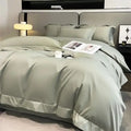 DecorBites™ luxurious egyptian cotton duvet cover set in sage green satin with smooth glossy finish and fitted sheet