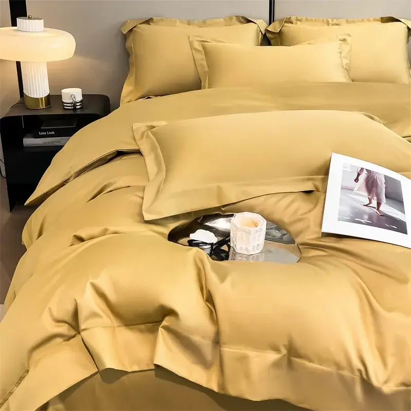 Decorbites™ luxurious egyptian cotton bedding set in golden satin with ultra soft duvet cover and fitted sheet