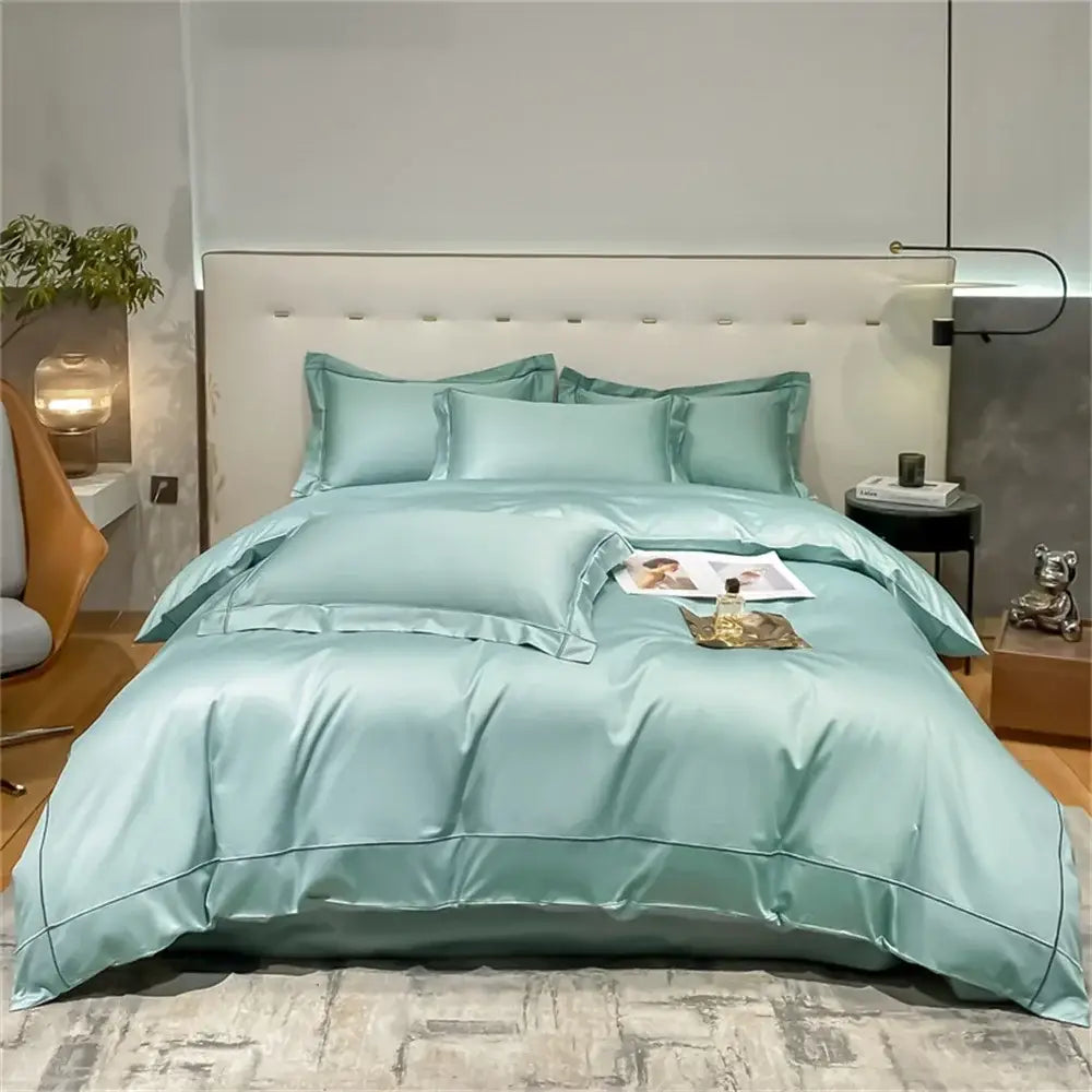 Decorbites™ luxurious mint green egyptian cotton bedding set with satin duvet cover and subtle stitched detailing