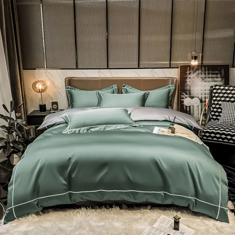 Teal satin duvet cover bedding set with white piping made from luxurious egyptian cotton by decorbites