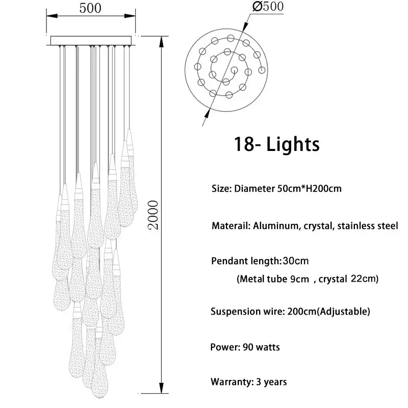 DecorBites™ luxurious gold crystal chandelier with 18 cascading teardrop pendants for modern crystal staircase light