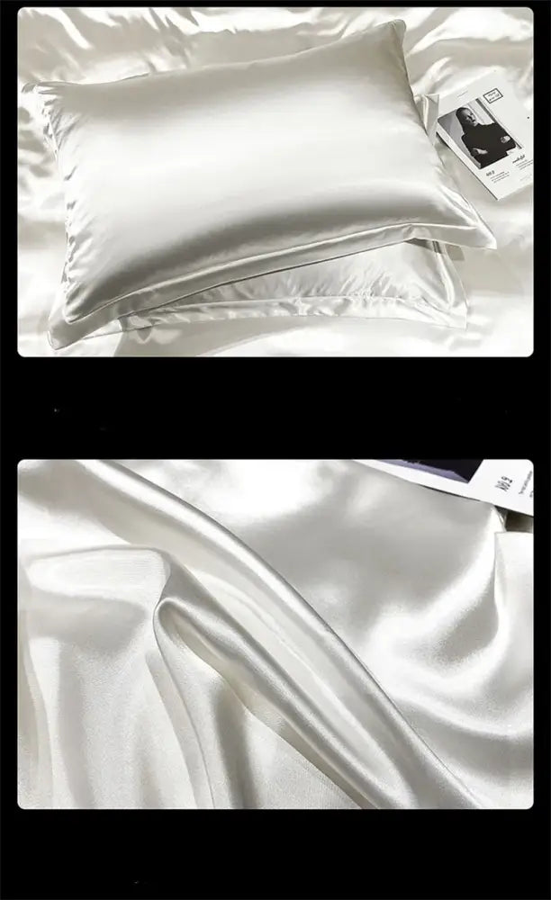 Silk pillowcase with smooth lustrous white satin texture from decorbites mulberry silk bedding set for king and queen size