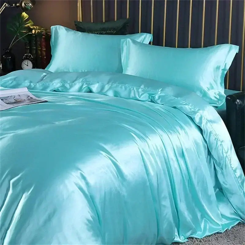 Decorbites luxurious mulberry silk turquoise satin duvet cover bedding set with matching pillowcases and pcs fitted sheet