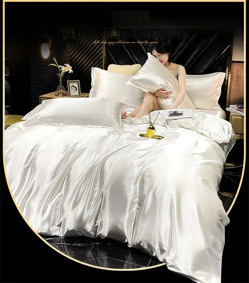 White satin decorbites™ bedding set with glossy luxurious finish made from mulberry silk for queen and king sizes