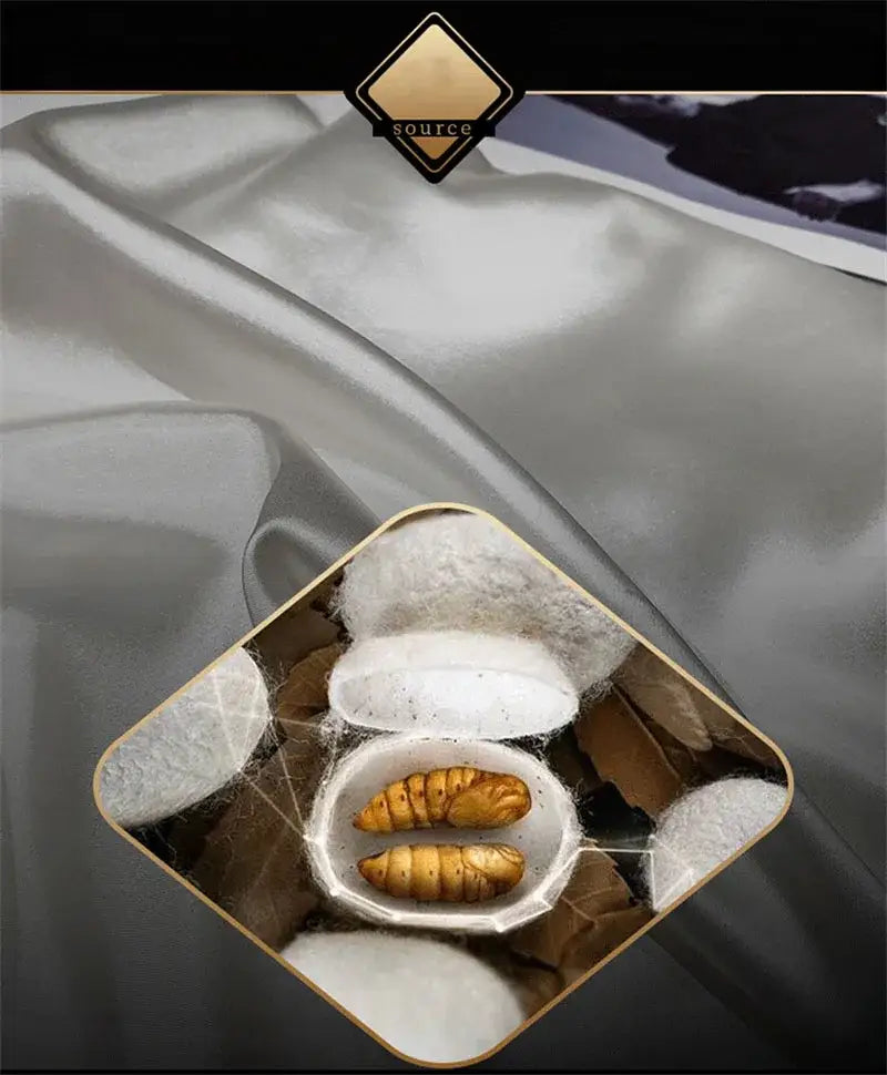A white ceramic bowl with golden brown silkworms and silk cocoons highlighting decorbites luxurious bedding set