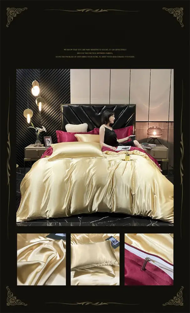 Decorbites™ luxurious mulberry silk duvet cover bedding set in gold satin with burgundy accent pillow on black tufted bed