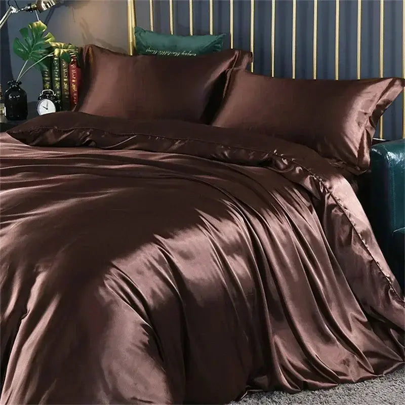 Decorbites™ luxurious mulberry silk chocolate brown bedding set with duvet cover featuring a glossy finish