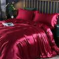 Decorbites™ luxurious mulberry silk bedding set in rich burgundy with smooth satin duvet cover and matching pillowcases