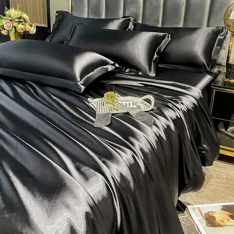 Black satin pcs duvet cover with glossy smooth texture and elegant sheen from DecorBites™ luxurious nordic silk bedding set for couples