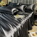 DecorBites™ luxurious nordic silk black satin duvet cover set with glossy smooth texture and elegant sheen for couples