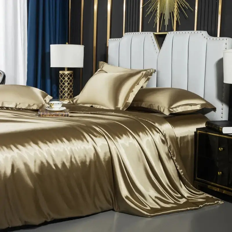 Glossy gold satin 4 pcs duvet cover set from decorbites™ luxurious nordic silk bedding set for couples with matching pillows