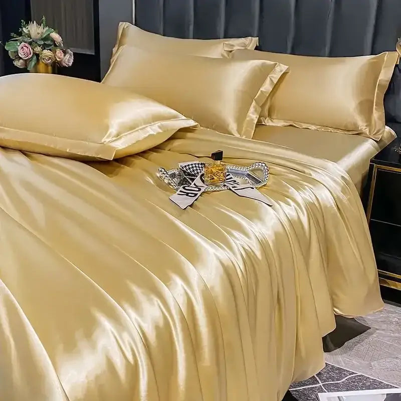 Golden satin duvet cover pcs set from decorbites™ luxurious nordic silk bedding set for couples with smooth sheen