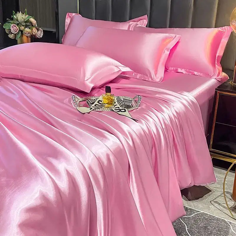 Pink satin duvet cover and matching pillows from DecorBites™ luxurious Nordic silk bedding set for width bed use