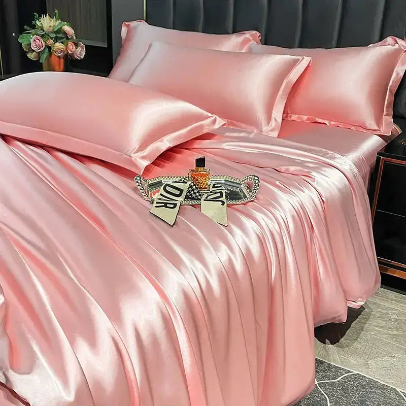 Pink satin DecorBites™ luxurious nordic silk duvet cover and bed sheet set with matching pillows and smooth glossy texture