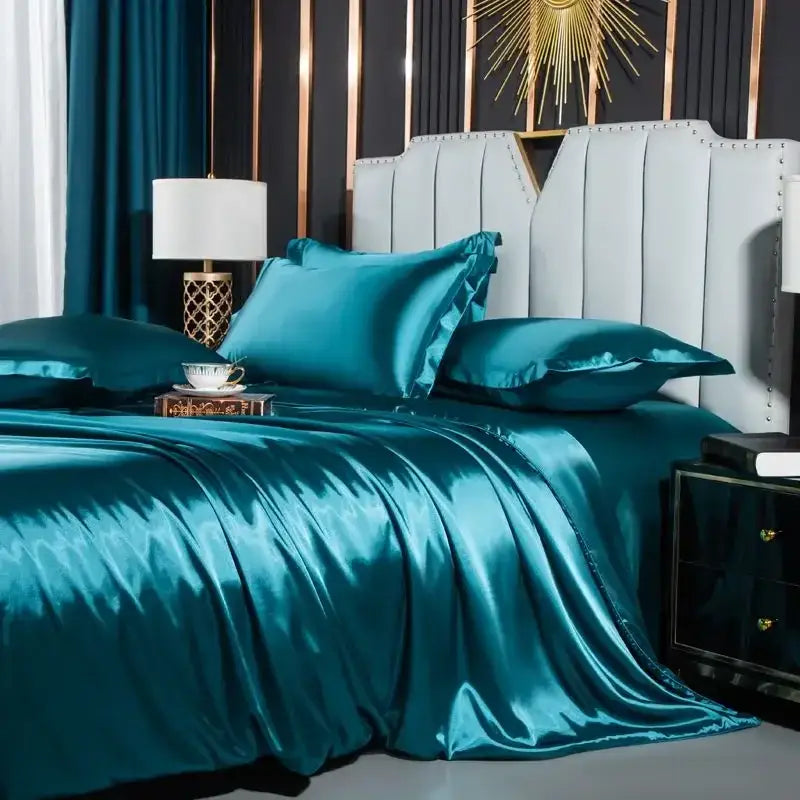 Teal satin duvet cover bedding set with glossy finish and matching pillowcases by decorbites luxurious nordic silk