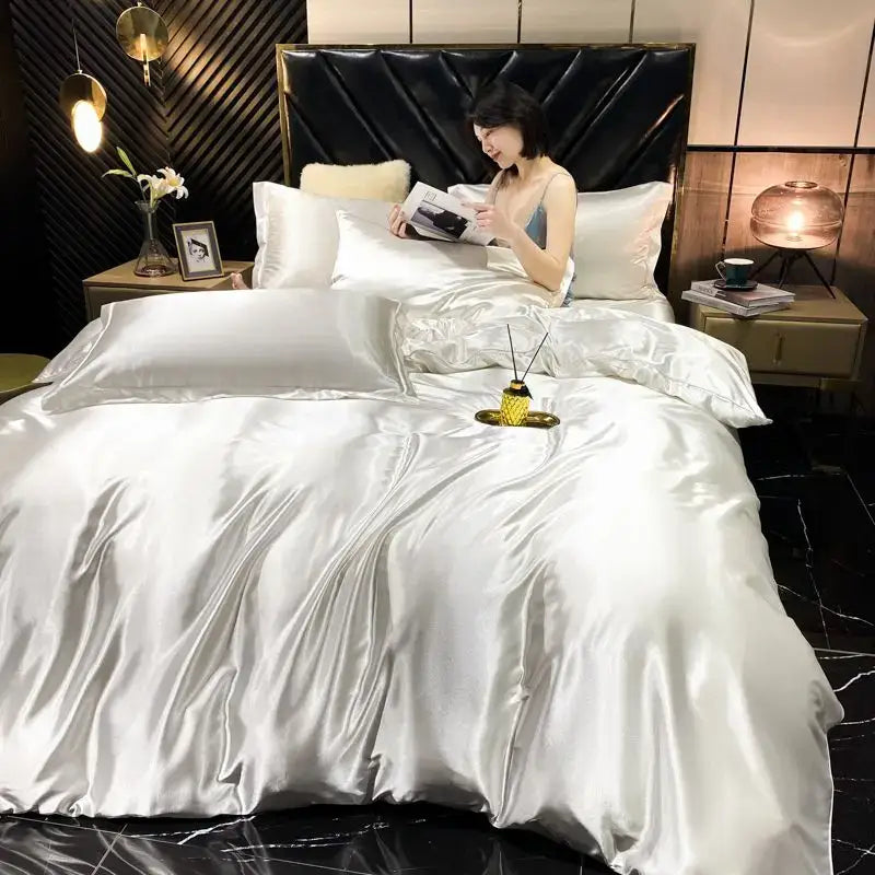 DecorBites™ luxurious rayon silk king size duvet cover set in shiny silver with matching pcs duvet cover and plush black headboard