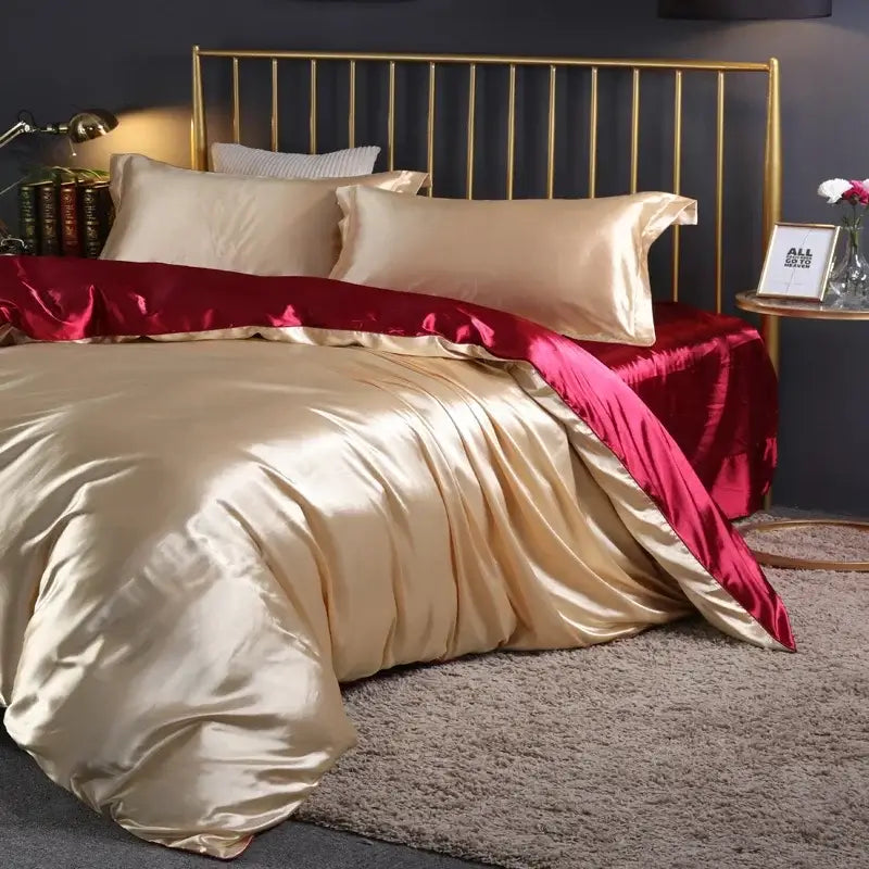 DecorBites™ luxurious silk bedding set with gold and red pcs duvet cover and bed sheet in smooth satin fabric