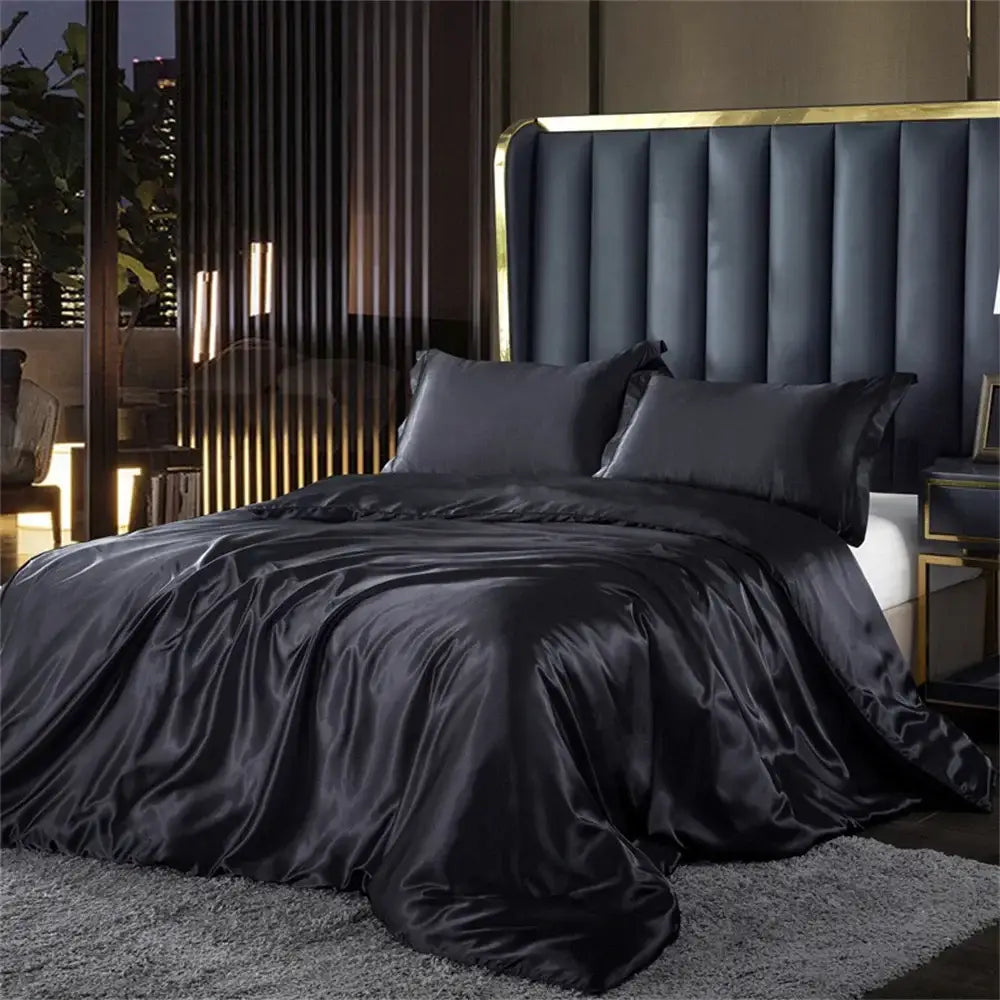 Decorbites™ luxurious silk bedding set with black satin 3 pcs duvet cover featuring a sleek sheen and elegant design