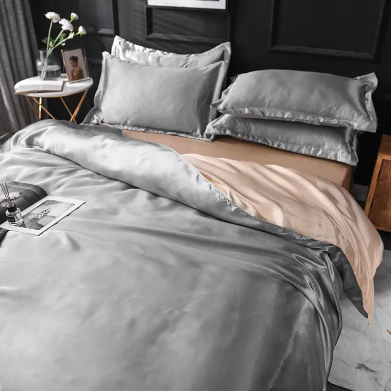 Decorbites™ luxurious silk bedding set with sleek silver exterior and soft beige satin finish silk duvet cover set