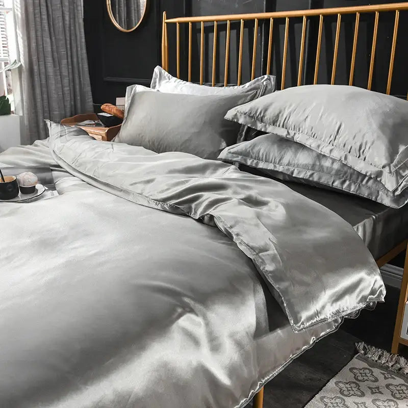 Silk-gray satin bedding set from decorbites luxurious silk bedding set featuring smooth lustrous finish and ruffled edges