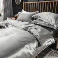 Silk-gray decorbites luxurious silk bedding set with satin duvet cover and ruffled edges for elegant bedroom decor