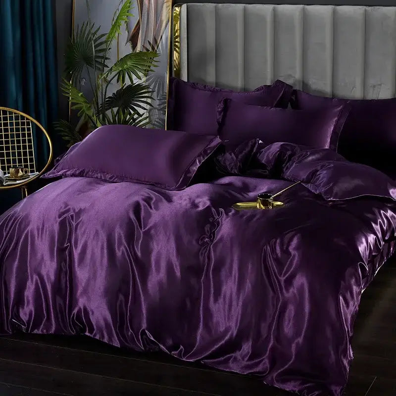Decorbites™ luxurious deep purple satin pcs duvet cover bedding set with matching pillows and plush tufted headboard