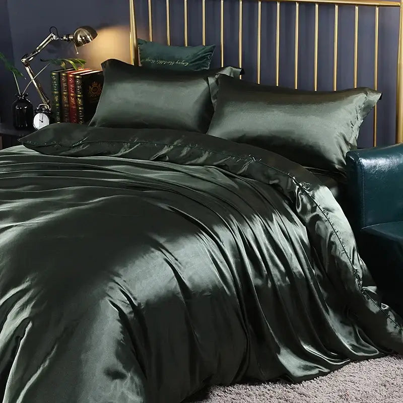 Decorbites™ luxurious silk duvet cover set in deep emerald satin with matching pcs duvet cover for width bed sizes king queen twin