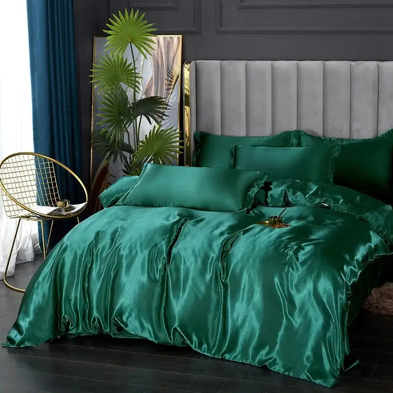 Emerald green satin duvet cover from decorbites™ luxurious silk bedding set with glossy finish for various width bed sizes